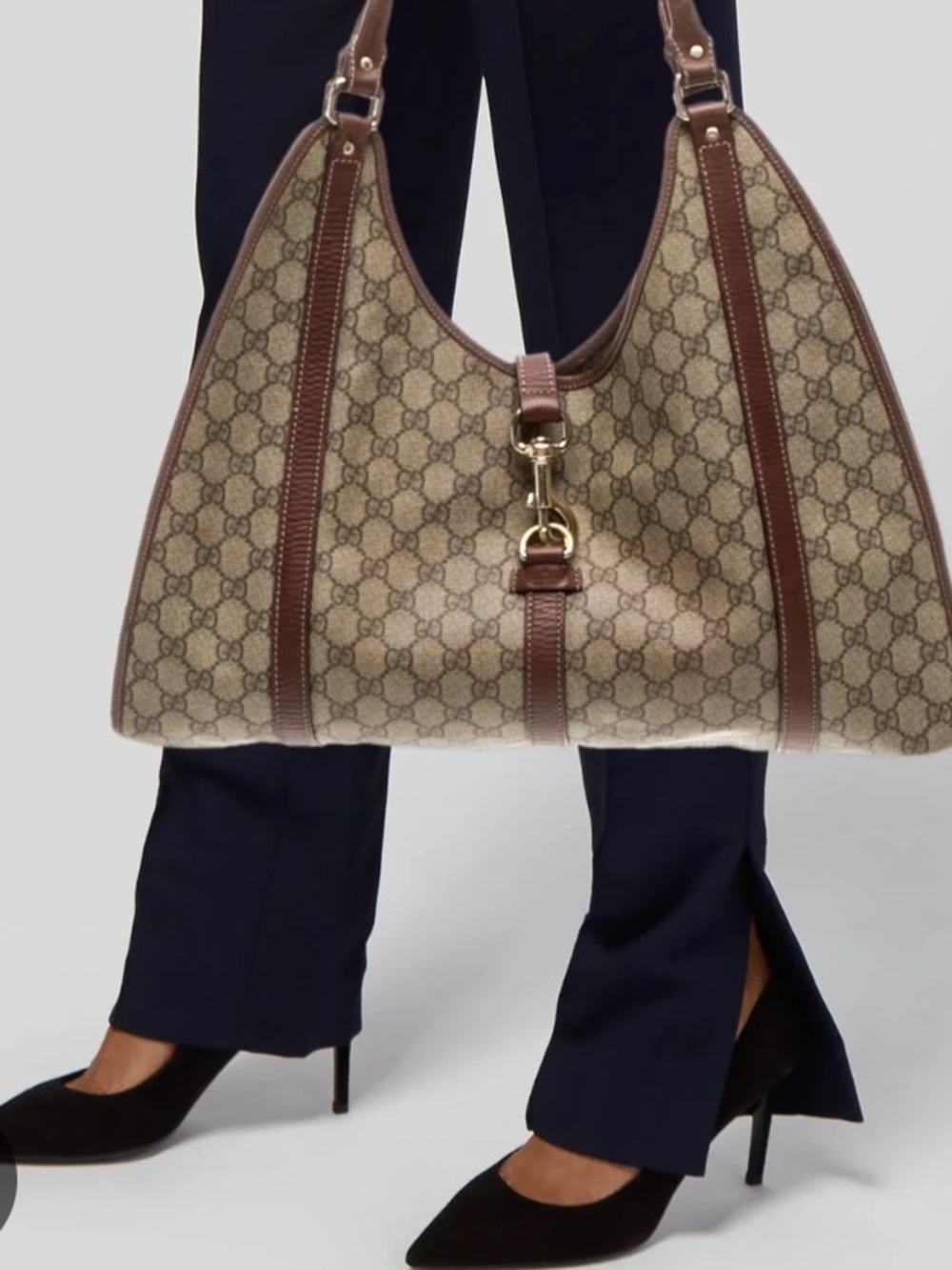 Gucci GG Supreme Joy Bardot coated canvas Brown patent leather trim Italy COA